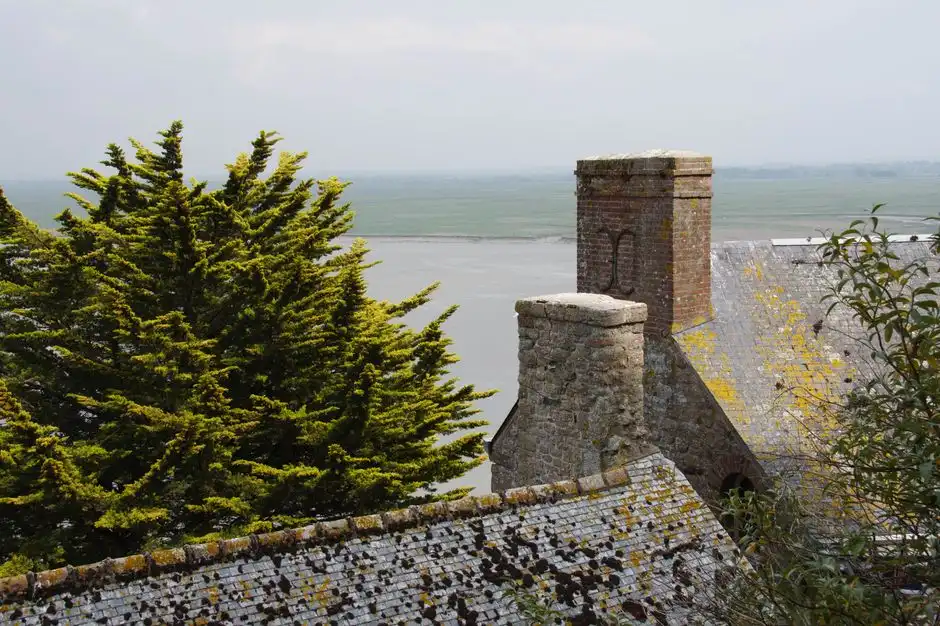 View of Mont Saint-Michel's rooftop and lush surroundings, capturing timeless architecture and coastal beauty.